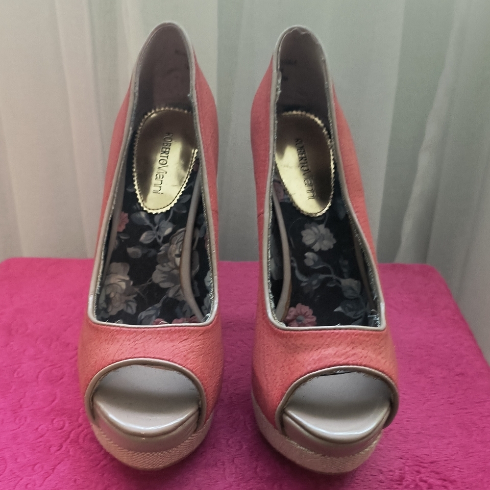 Platform peep toe heels, coral red, gold trim, cork heel, size 7us EUC